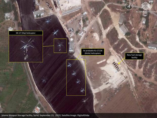 Satellite imagery showing a region with military activity, with highlighted areas indicating specific events and assets